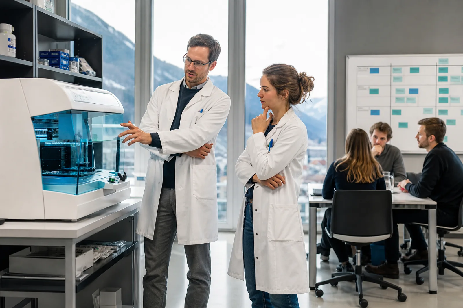 Life-science team evaluating equipment access